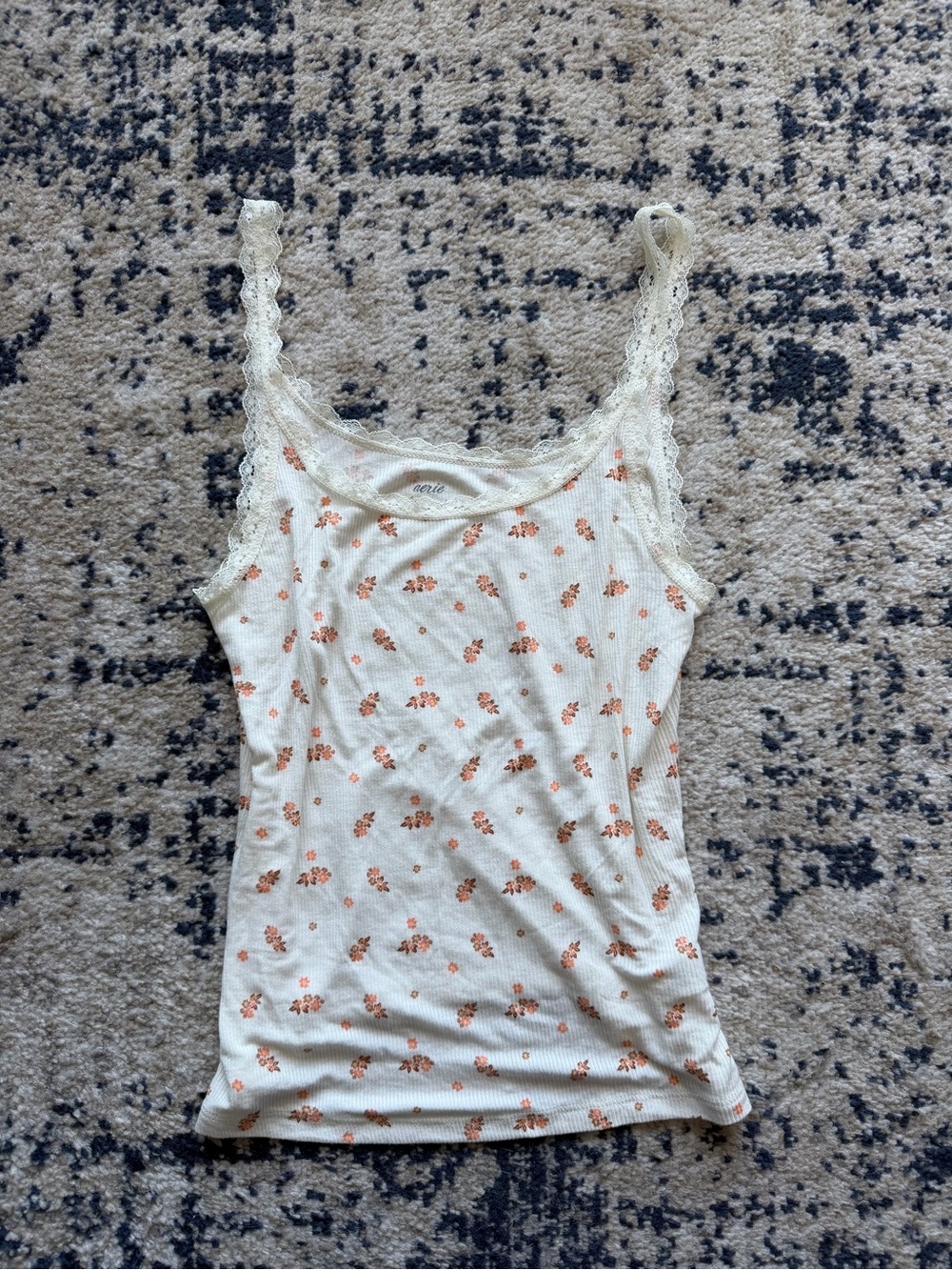 aerie Cream Ribbed Lace-Trim Camisole with Orange Floral Print
